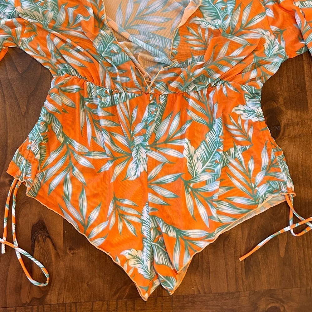 Tropical Orange Leaf Print Sheer Romper Cover Up - Picture 3 of 3